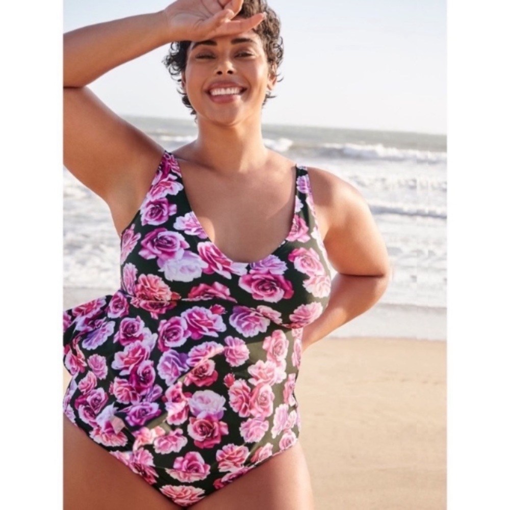 Torrid Pink & Purple Roses Black Tankini & Ruched Bottoms 2pc Swimsuit SET 1X - Picture 12 of 12